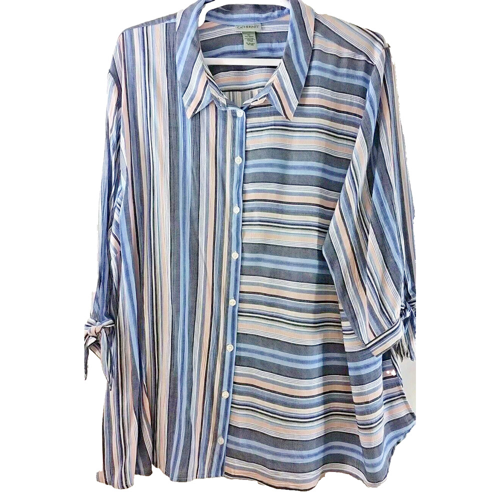 Womens Sz 5x Blue Pink White Stripe Fairy Button Up Tunic Blouse Catherines